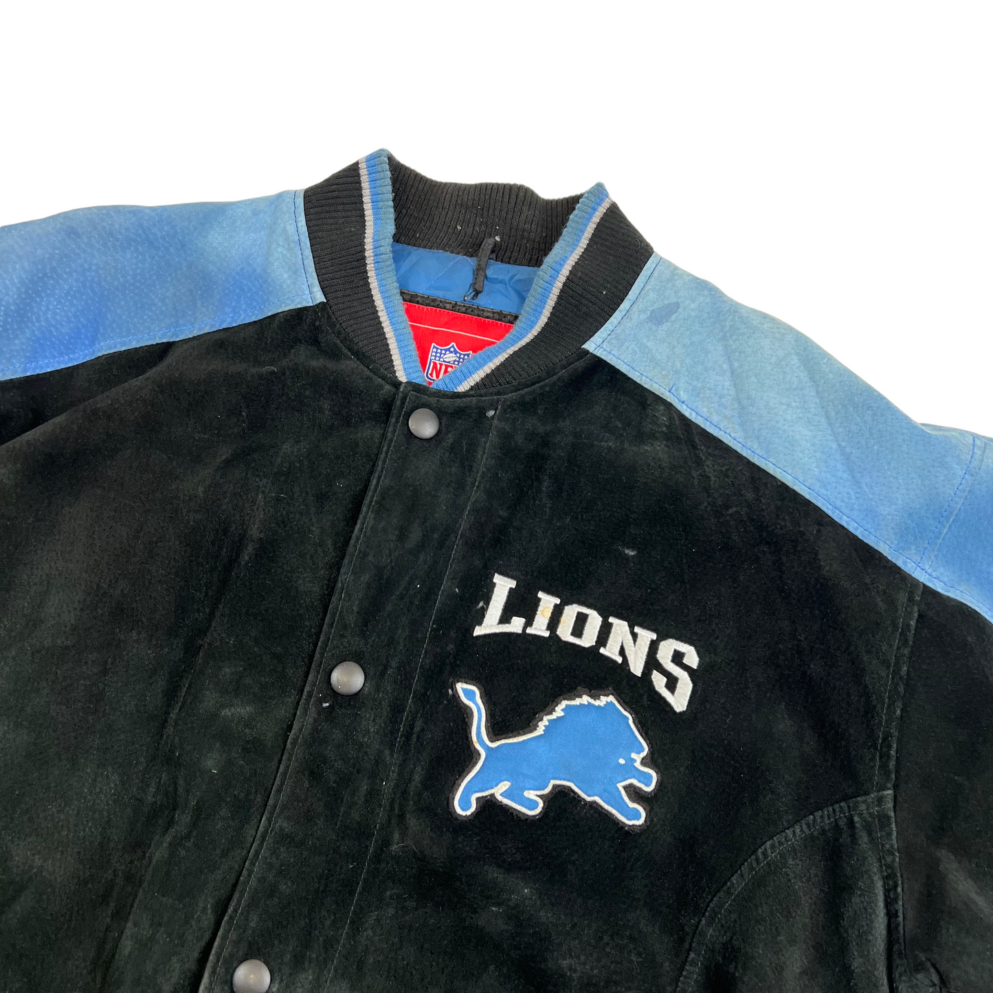 Vintage NFL Detroit Lions Suede Leather Baseball Varsity Jacket (Large)